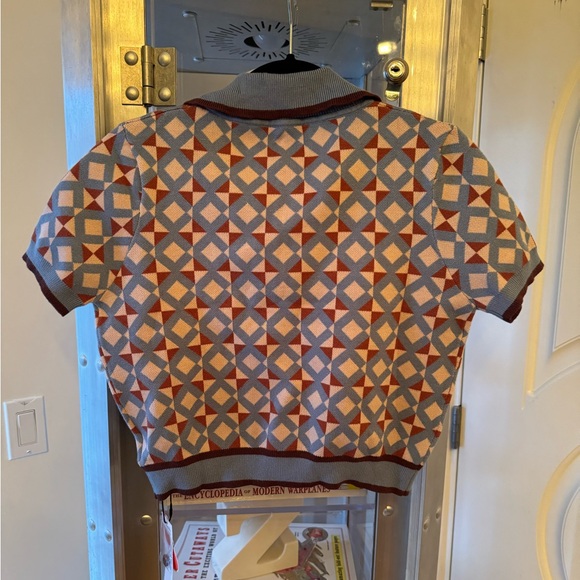 NWT CIDER Knit Collar Geometric Short Sleeve Sweater in Blue - Sz S - Picture 3 of 11